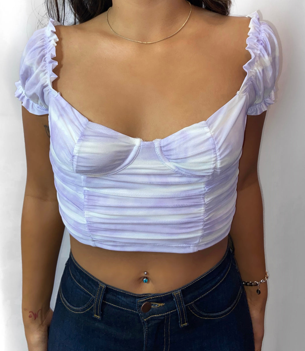 Michelle Ruched Top- Lavender/White